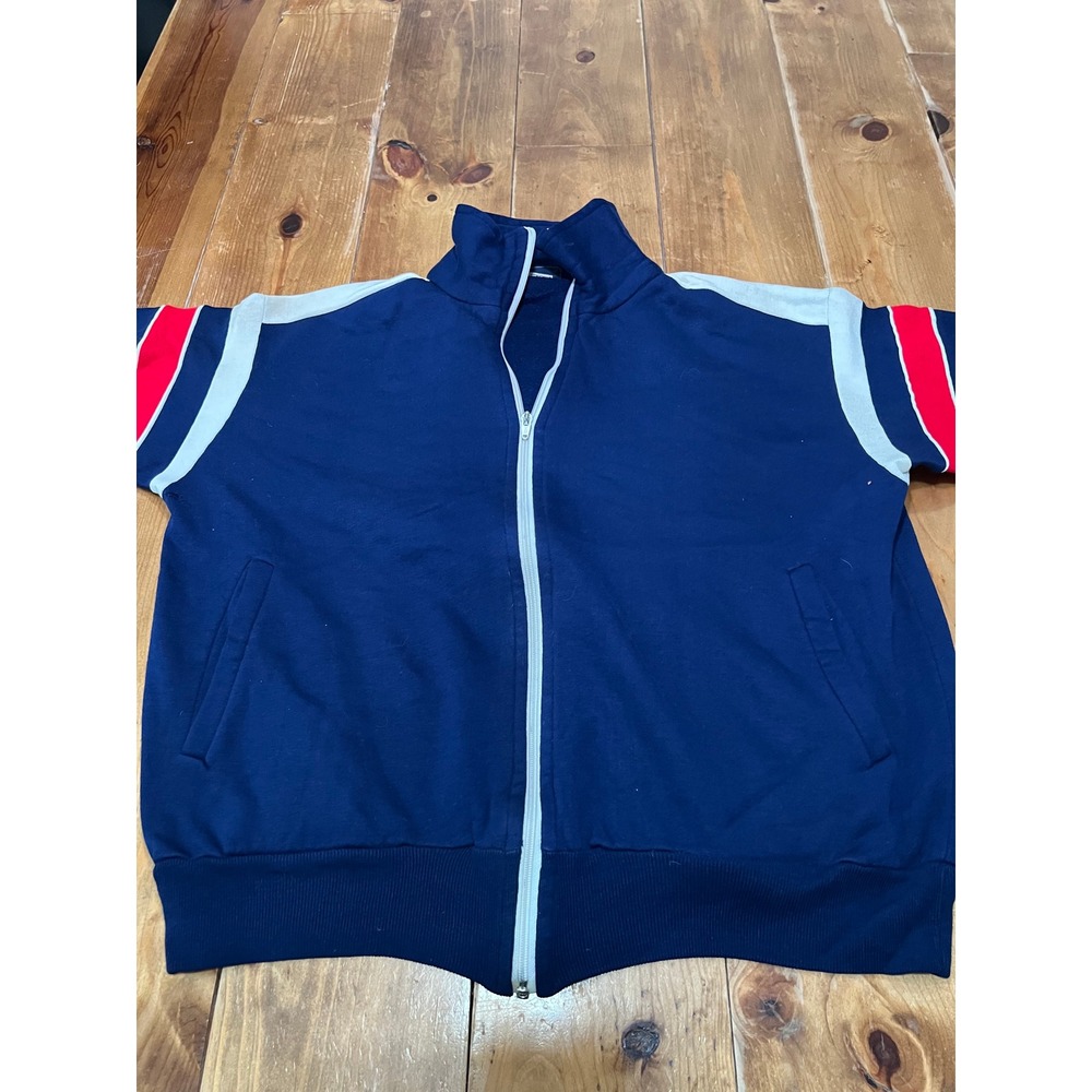 Vintage Network Navy Blue Track Jacket Red White Stripe Full Zip Acrylic L